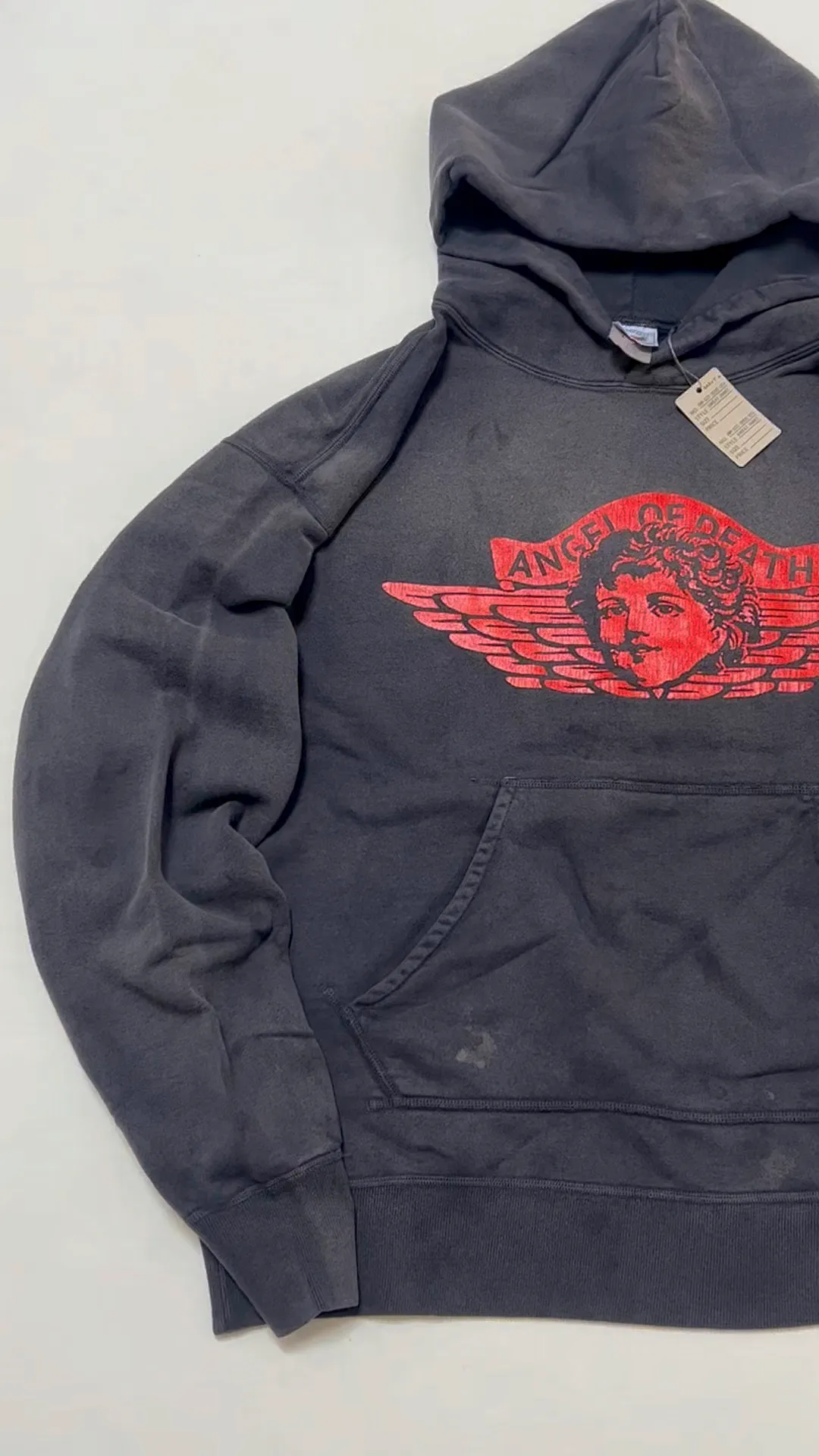 SAINT Mxxxxxx ANGEL HOODIE/BLK Angel Rebirth Crack Printed Retro Distressed Hoodie Assute dyeing, full-length spray-on fade, heavy fermentation wash, NEW VINTAGE texture, factory four-needle and six-thread workmanship, boneless patchwork, more comfortable to wear, genuine level crack print/accessories restored